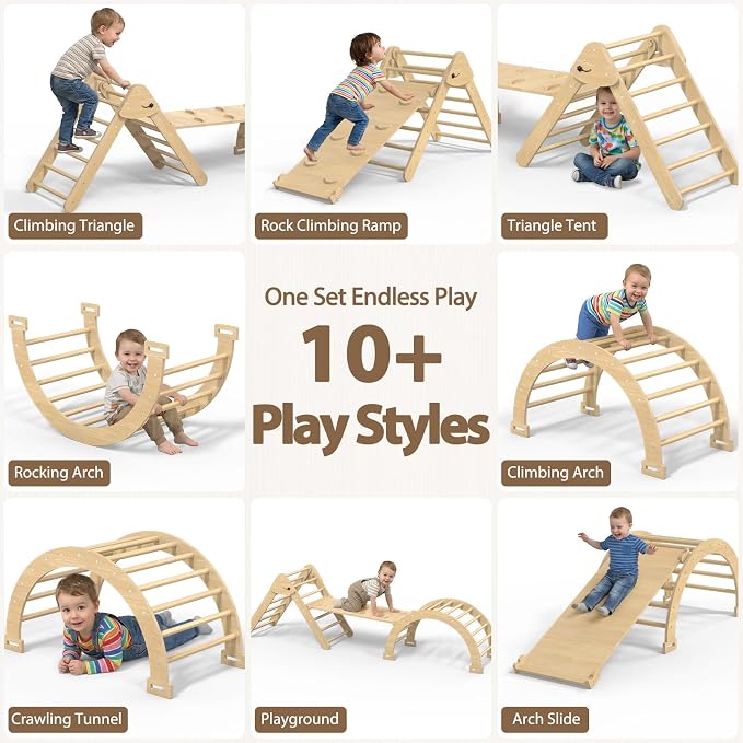 Large Pikler Triangle Set, 7-in-1 Toddler Climbing Toys Indoor, Wooden Montessori Climbing Set with Arch Ramp Ladder, Foldable Baby Jungle Gym Playground (Wood)