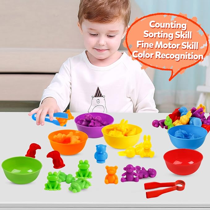 RAEQKS Counting Sorting Toys Matching Stacking Toys with Bowls Preschool Learning Activities for Math Montessori Fine Motor Skills Sensory Animals Toy Sets Gift for Kids Boy Girl Aged 3+ Year