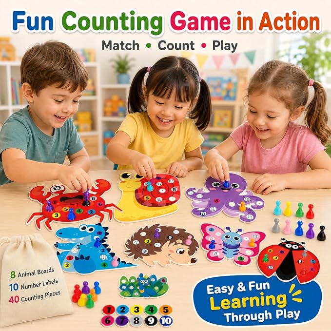 Cinrobiye Animal Counting Game for Kids, Number Matching Game 1-10 with Cute Animal Boards, Fun Educational Activity Games Set for Family Play, Party & Classroom Use