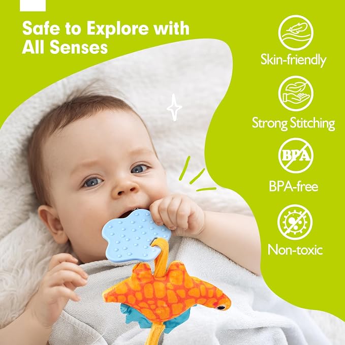 hahaland Car Seat Toys for Babies 0-6 Months Boy Stroller Toy Dinosaur | Baby Toys 0-6 Months - Rattle, Mirror, Crinkle, Squeaky, Developmental Carseat Toy Hanging Travel Birthday Gift for Infants