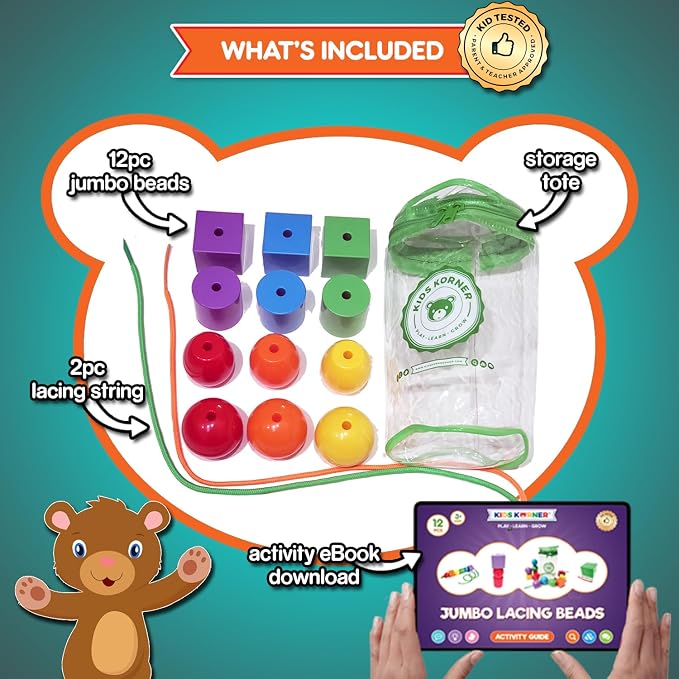 Lace & Let Go Rainbow Beads - Match, Sort, Count, Stack & Play 12pc + eBook
