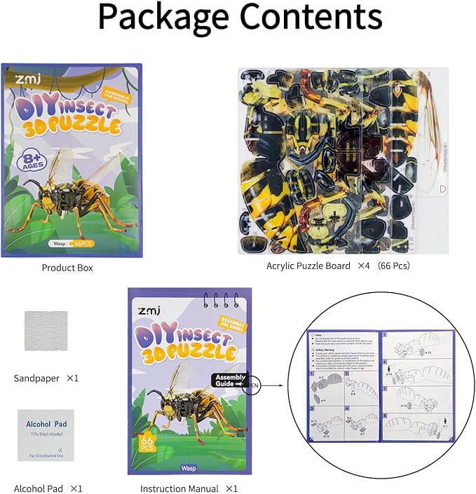 3D Acrylic Insect Puzzle DIY Bug Model Kit Animal STEM Gift | Building Kits Crafts Figurine Sculpture Nature Decoration Educational Display Toys for Kids Teens and Adults (Wasp)