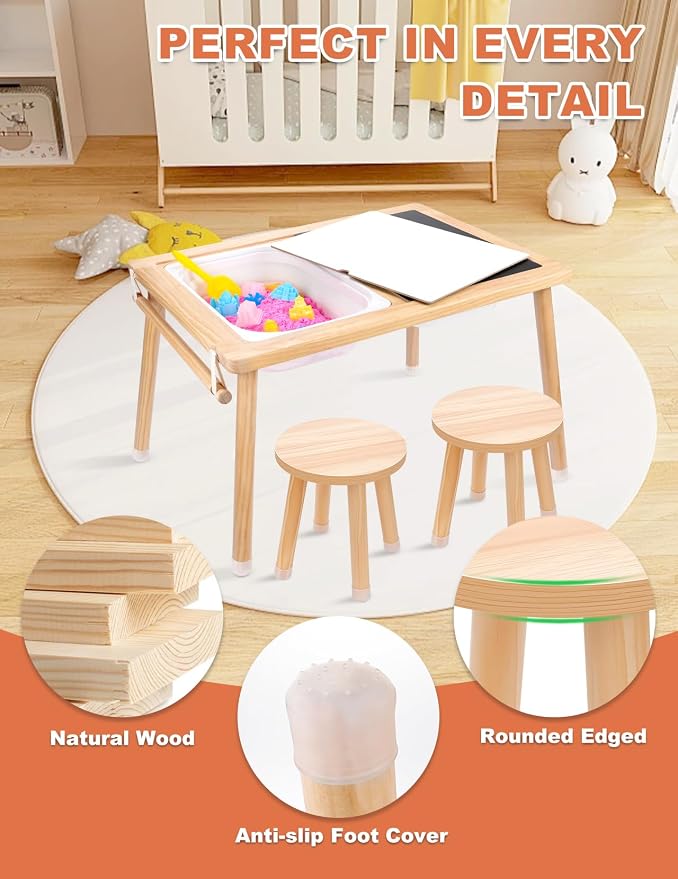 Toddler Sensory Table and Chair Set, Kids Sensory Bin Tables with Paper Roll Stick & Double-Side Board,Toddler Play Table with 3 Storage Bin, Indoor Outdoor Boys Gilrs