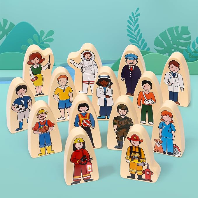 36Pcs Wooden Community Helpers Pretend Play Toys for Kids 3 4 5 6 Year Old, Wooden People Figures Blocks Occupations Dress up Toddlers Preschool Learning Toys Boys Girls Birthday Gifts