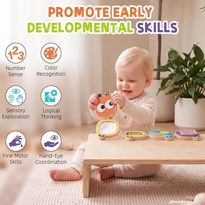 Montessori Busy Board for Toddlers 1-4 Year Old, Wooden Sensory Fidget Activity Board for Baby Boys Girls 1+ Year Old, Preschool Travel Toys for Airplane/ Car, Educational Learning Gift ADHD/ Autistic