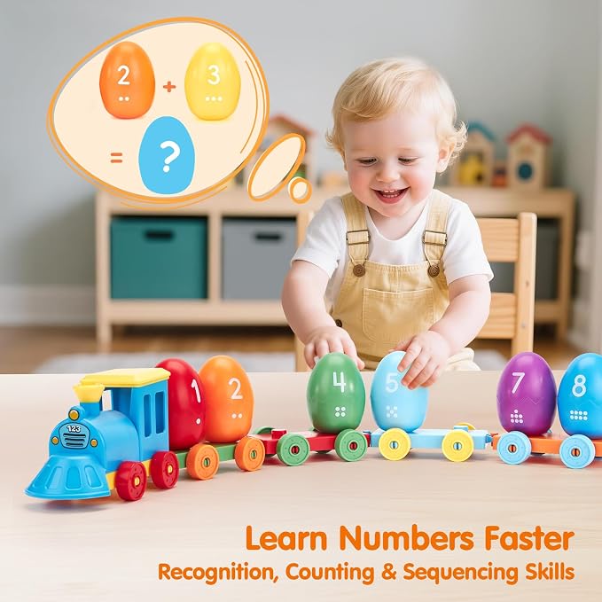hahaland Montessori Dinosaur Train Set, Learning Toy for Toddlers Ages 2-3 | 22-piece set with 8 dinosaurs, 8 numbered sorting eggs, a buildable train, 2 dinosaur stickers and an adventurer figure.