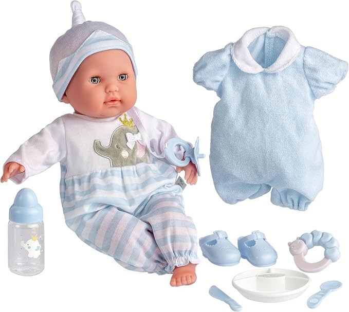 15" Realistic Soft Body Baby Doll with Open/Close Eyes | JC Toys - Berenguer Boutique | 10 Piece Gift Set with Bottle, Rattle, Pacifier & Accessories | Blue | Ages 2+