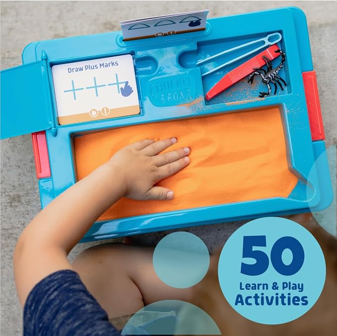 Chuckle & Roar 2-in-1 Seek & Write Sensory Bin – Montessori Tactile Learning Activity Set with Sand Writing Lid, 50 Activities, Tools & Storage Bin for Kids Ages 3-6+