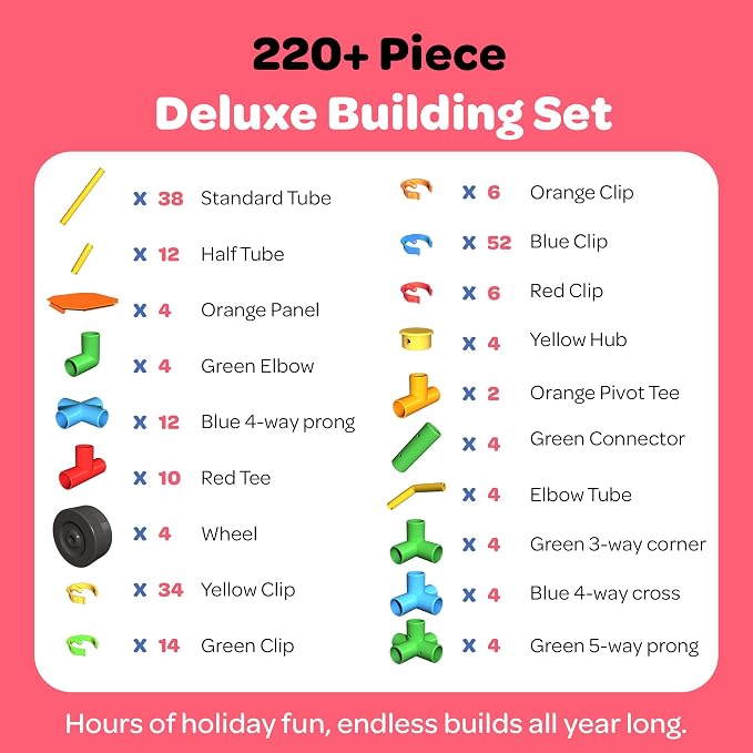 Tubelox STEM Building Toy Set - 220 Piece Life-Size Construction Kit for Kids | PVC Pipe Blocks for Forts, Towers & Creative Engineering Play | Durable Indoor/Outdoor STEM Toy | Ages 3+