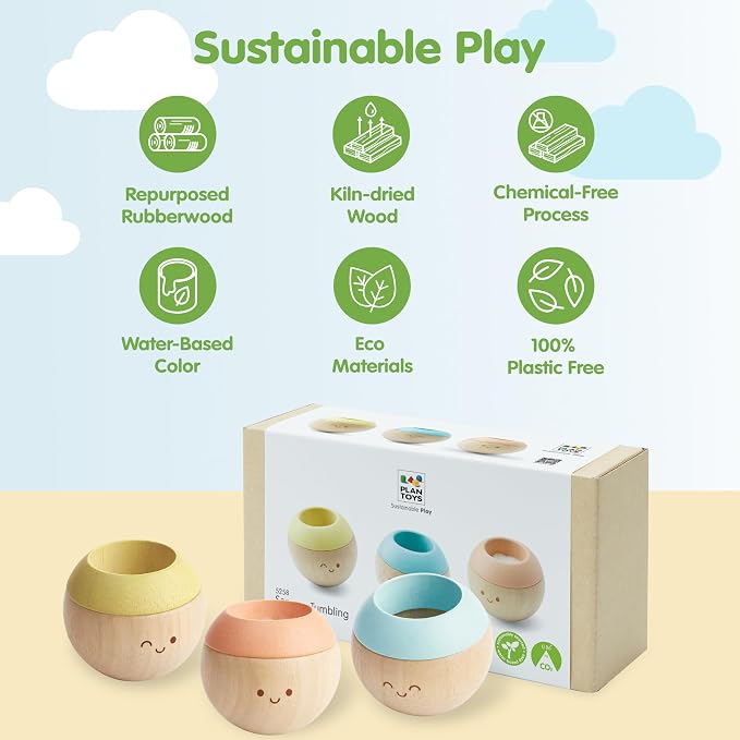 PlanToys® Pastel Wooden Tumbling Montessori Toy for Babies 6 Months+ Set | pastel wooden tumbling set, montessori sensory play, fine motor skill development, developmental baby toy, babies 6 months+ g
