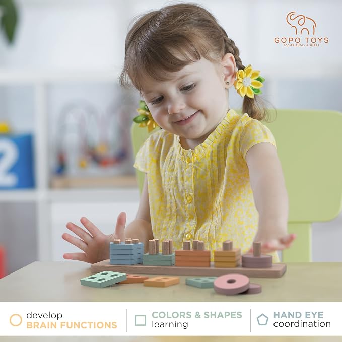 GOPO TOYS Montessori Toys for 1+ Year Old – Wooden Shape Sorter & Stacking Puzzle – Toddler Learning, Fine Motor Skills & Developmental Toy for Boys & Girls