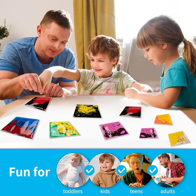 Art3d Square Sensory Fidget Multicolor Liquid Motion Tiles, 6" x 6", 3-Pack | Lightweight, Boost Focus, Relieve Anxiety, Varied Colors & Shapes, Suitable for Kids, Toddlers