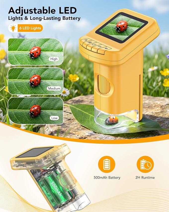 Handheld Portable Microscope for Kids, 120X-1200X for Ages 6-12 Boys Girls | 2.0'' IPS Screen, Photo & Video, 6 LED Lights, Rechargeable, STEM Toys, Christmas Birthday Gifts, for Outdoor Exploration