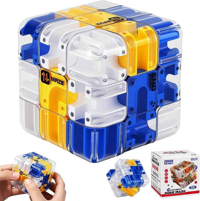 3D Maze Cube Ball Puzzle Brain Teaser for Adults & Kids, Educational Learning Toys Logical Thinking, Family Board Games Tabletop, Durable Puzzle Cube (White&Blue&Yellow, 2.7x2.7x2.7)