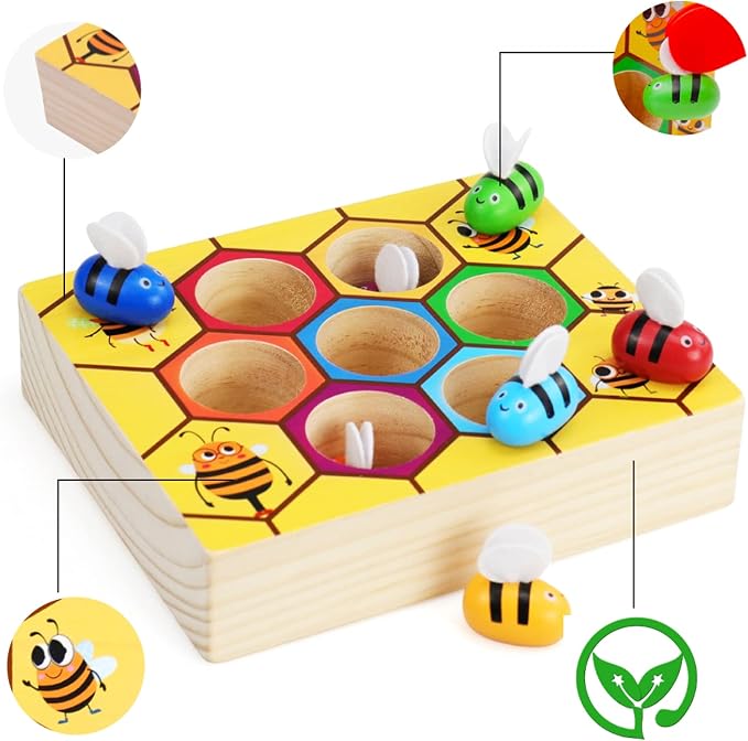 Toddler Fine Motor Skills Toys, Bee to Hive Matching Game, Wooden Color Sorting Toy for Toddler 2 3 Years Old, Montessori Preschool Learning Toys Gift for Children
