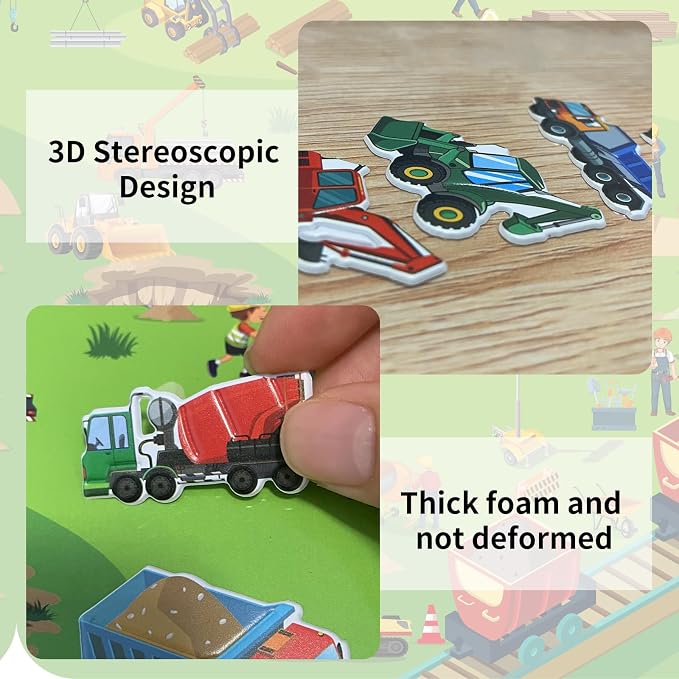 Elfew 2 Pack Puffy Vehicle Sticker Books for Toddlers Ages 2-4 3-5 | Extra-Large Tri-Fold Sticker Book, Construction Truck and Car Theme, Over 100+ Stickers, 3D Reusable, Activity Gifts for Boy