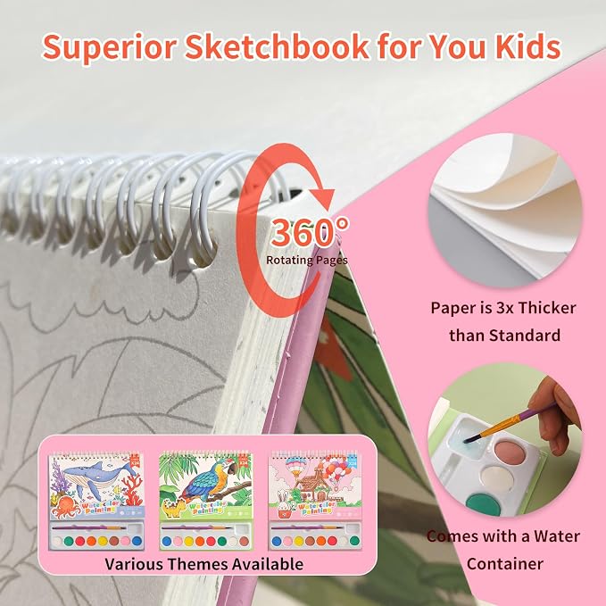 Cavnewt Watercolor Coloring Books for Kids Ages 4-8, Mess Free Watercolor Painting Book, Paint with Water Books for Toddlers, Travel Activities Arts Party Favors Birthday Gifts for Kids Girls & Boys