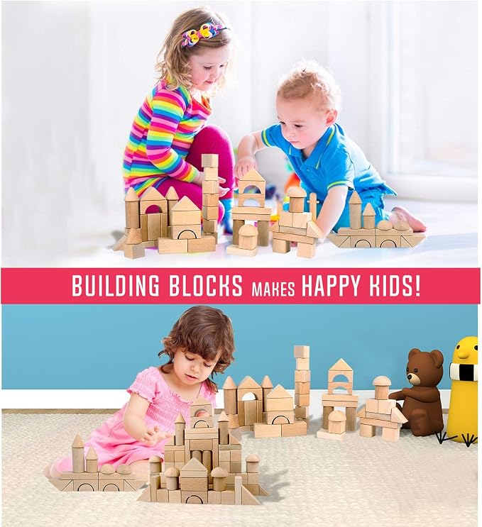 Migargle Kids Wooden Blocks - 80 Pcs - Stacking Building Blocks for Toddlers - Natural Beech Wood Blocks - Preschool Learning Toys for Kids Ages 3+