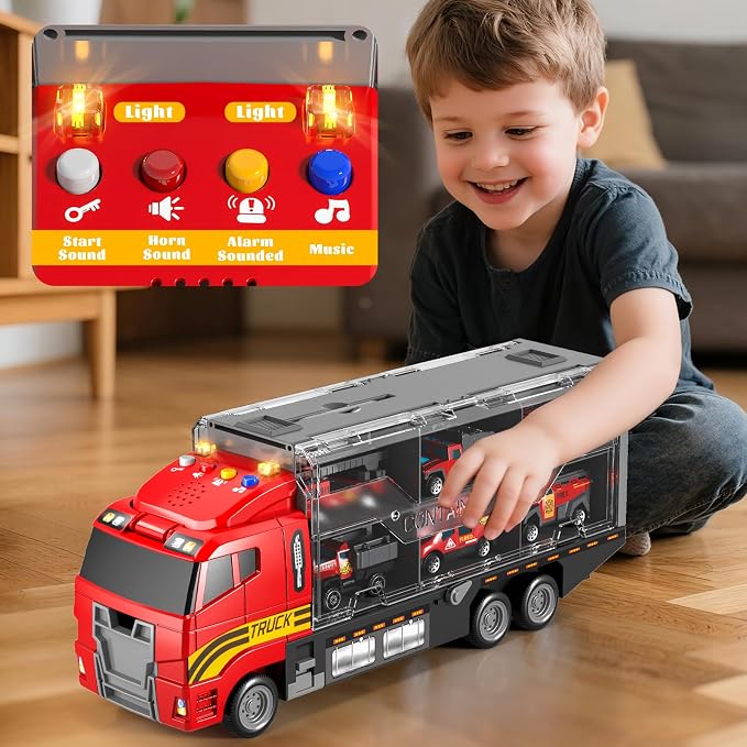 Toddler Toys for 3 4 5 6 Years Old Boys with Die-Cast Toy Cars & Play Mat | Fire Trucks for Toddlers 3-5 with Light and Sound,Friction Powered Truck fire Toy, Birthday & Christmas Gift for Boys & Girls
