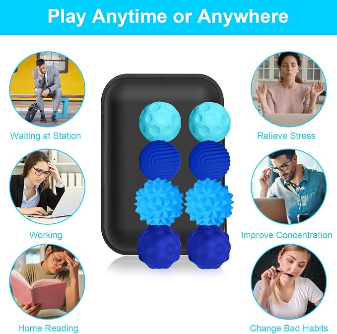 BUSOHA Silicone Magnetic Fidget Balls - 8 Pack Fidget Toys for Adult | Four Unique Textures Sensory Support,Quiet and Silent Stress Relief,Lightweight,Office,Travel,Anxiety,ADHD,Blue