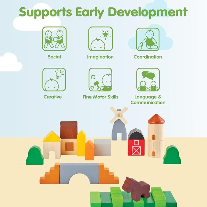 PlanToys® Country Blocks Wooden Montessori Building Imaginative Kids Play | shapes, houses, construction toys, sorting & stacking toys, girls, boys, spatial STEM fine motor creative gift set preschool