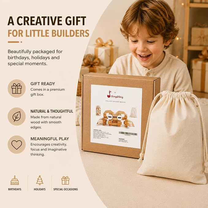 Montessori Wooden Building Blocks for Kids 3-8, Extra Large 4.4" Beech Wood Stacking Blocks, 31 PCS Open-Ended Learning Toy, Natural Wooden Shape Blocks for Creative Building, Quiet Play
