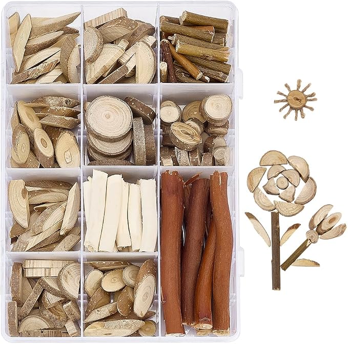 PH PandaHall Wooden Unfinished Craft Kits, Handmade DIY Wood Stakes Kits Natural Wood Slices Loose Part Play DIY Tiny Wood Pieces Kit for Craft Painting Dollhouse Sorting Activities School Projects