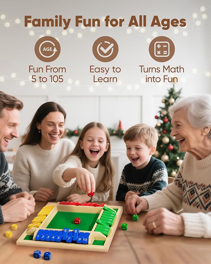 Classic Original Shut The Box Game Wooden Math Dice Board Game 2-4 Players | Table Games for Family Night Classroom Travel, Gifts for Group Kid Adult Senior, Camp Party Bar, Easy Quick and Fun