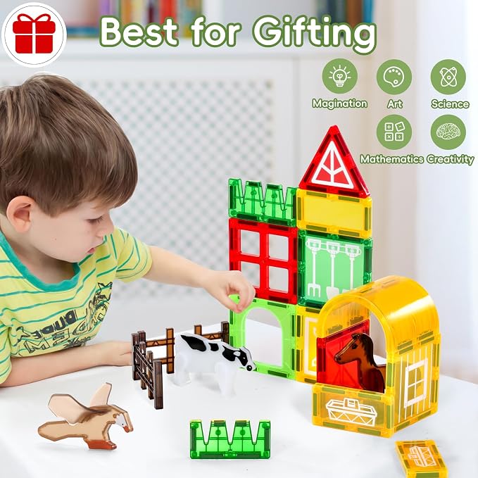 Magnetic Tiles Farm Animals Set - 30 Pcs Building Blocks with Fence – Montessori Sensory Toy for Toddlers 3-5 – Preschool Early Learning Construction Set for Home/Nursery – Ideal Gift for Boys & Girls