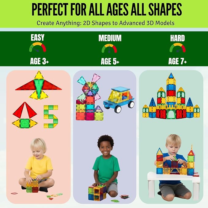 Magnetic Tiles Set 180 PCS with 2 Cars Bases, STEM Educational Magnet Toys for Kids Ages 3-12, Magnetics for Kids & Preschool, Creative Magnetic Building Toys for Boys & Girls
