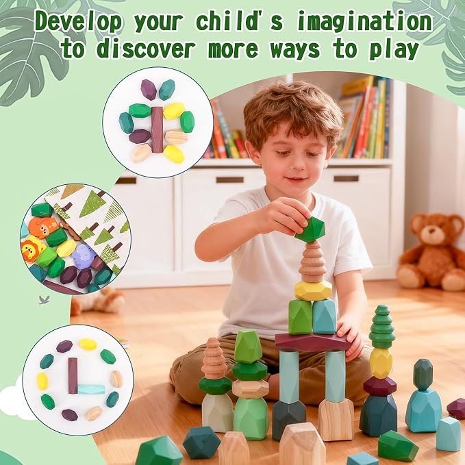 HAPGFS 51 PCS Wooden Stacking Rocks Toys Set for Kids Educational Stacking Blocks Building Blocks for Toddlers 1-3 Forest Theme Montessori Toys Creative Stacking Game for Children