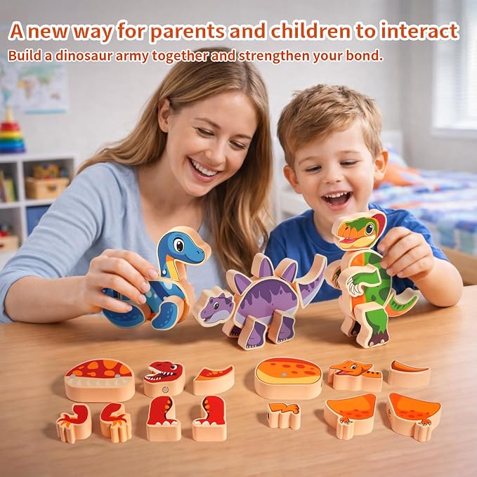 INIFEIDALA Magnetic Wooden Dinosaur Building Blocks, Ages 3-6 | Take Apart, STEM Montessori Educational Toy, Fine Motor Skills Development, Hand-Eye Coordination