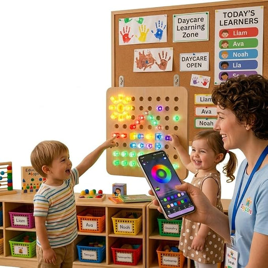 Wooden LED Peg Board Wall Toy for Kids with 64 Pegs | APP Controlled, IR Remote Controlled