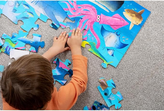 Crocodile Creek 36-Piece Jigsaw Floor Puzzle - Shark Reef - for Kids Ages 3-5 - Heavy-Duty Shaped Box for Storage - 24" W x 18" H Finished