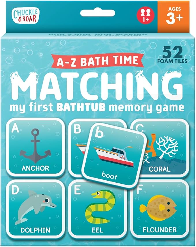 Chuckle & Roar Bath Matching Memory Game, Toddler Games, 52 Pc, Ages 3+ | ABC Letter Practice, Uppercase & Lowercase Letter Match, Drawstring Bag, Bathtub Pool & Dry Play, Foam Pieces Float & Stick