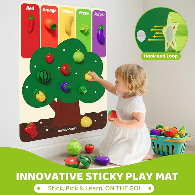 Color Sorting Play Food Set with Cutting Fruits&Felt Tree Mat | Pretend Food Play Kitchen Accessories,Food Playset, Preschool Learning Toys for Kids Ages 3 4 5 6 Boys Girls Gift