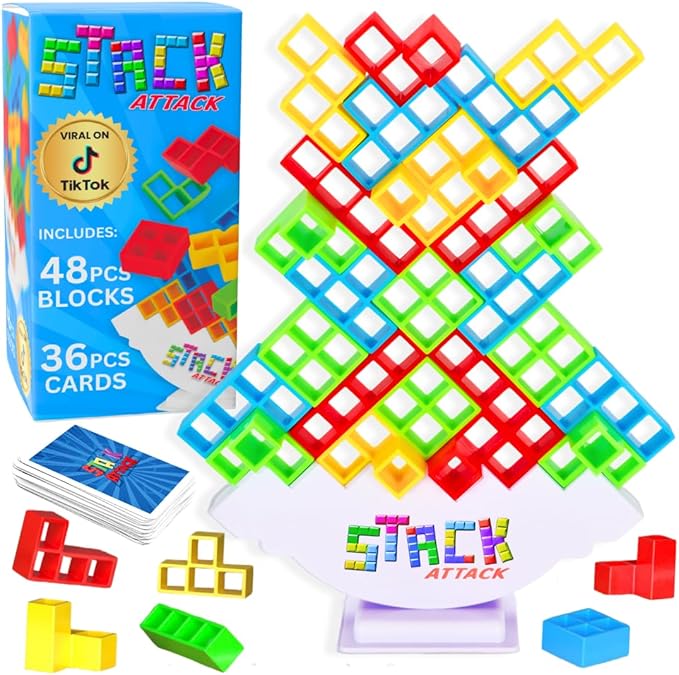 Stack Attack Tower Game for Kids & Adults, Family Balance Stacking Game Set | 48 pieces, 36 challenge cards, balance and stacking gameplay, family game night, gift for kids and adults