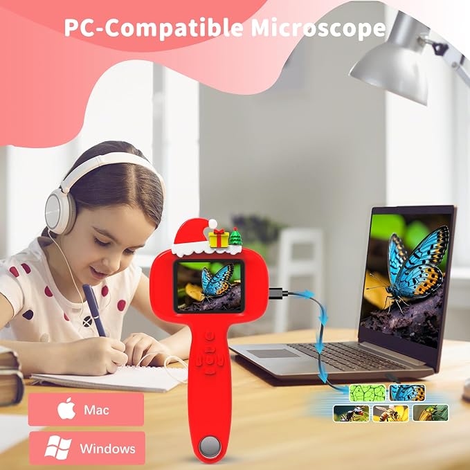 BLACKROOT Microscope for Kids, 2.4" Handheld Digital Pocket Microscope | STEM Educational Science Toys for Christmas Birthday Gifts for 3+ 4 5 6 7 8 9 10 11 12 Year Old Boys Girls, Red