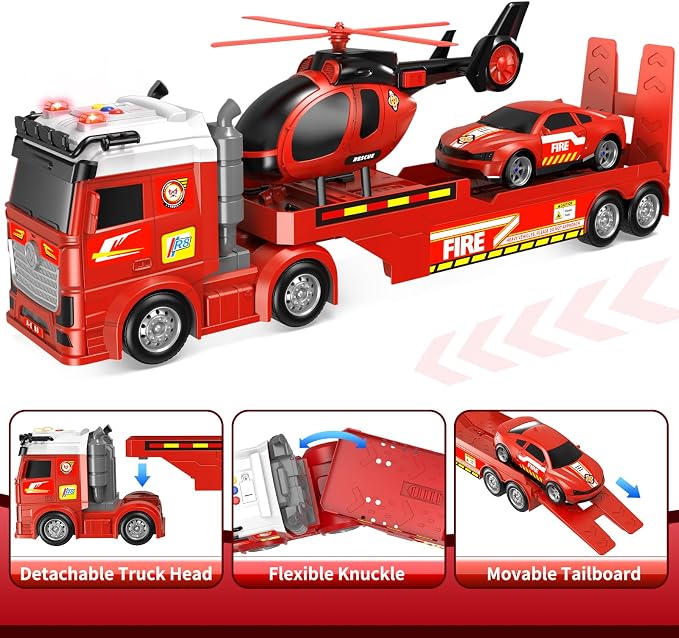 Boys Fire Truck Toy, 25" Large Friction Semi Truck with Helicopter & Race Car, Lights & Sounds, Suitable for Ages 3-8