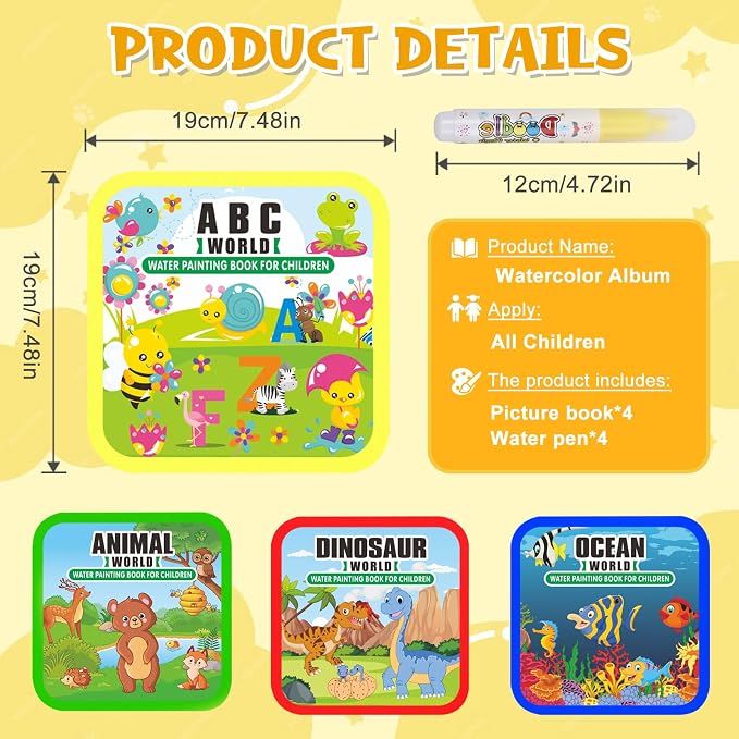 Bresdim Water Coloring Book, 4 Pack Water Painting Books for Toddlers 1-3 | Reusable Fairy Tale Animal Mess Free Coloring Book with Water Pen, Magic Paint with Water Book Travel Toy for Kid 3–6