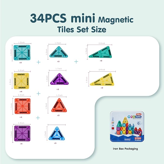 34 PCS Travel Magnetic Tiles with Metal Storage Box, Mini Magnetic Building Tiles,Screen-Free STEM Learning Toy for Kids Ages 3-8 Christmas Birthday Gifts