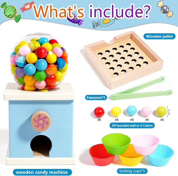 9.6" Wooden Gumball Machine For Kids Learning Color Sorting & Counting Toy | Toddler Preschool Learning Activities Toy for Kids Ages 3-5, Wood Preschool Learning Fine Motor Skills Game Toys