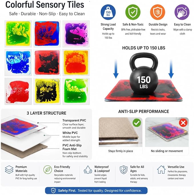 edusense Liquid Sensory Floor Tiles Non-Slip Autism Home&Classroom Play 3+ | Non-Slip Cushioned Motion Tiles for Autism Sensory Play, Classroom Bulk, Motor Skills, Visual Tracking, Ages 3+