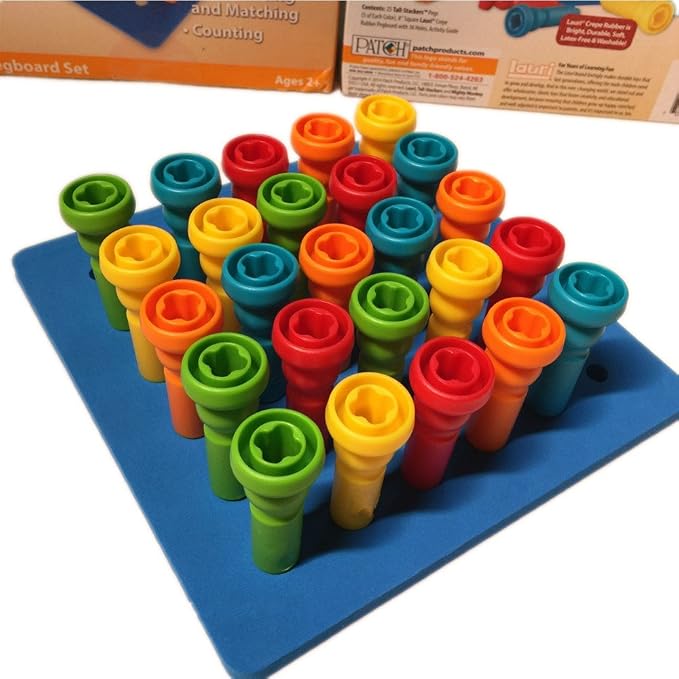 Peg Board Set Toys-Montessori Occupational Therapy Fine Motor Skills Toy, Suitable for Toddlers and Preschoolers Over 3+ Year Old. 25 Tall-Stacker Pegs Rubber 8" Pegboard