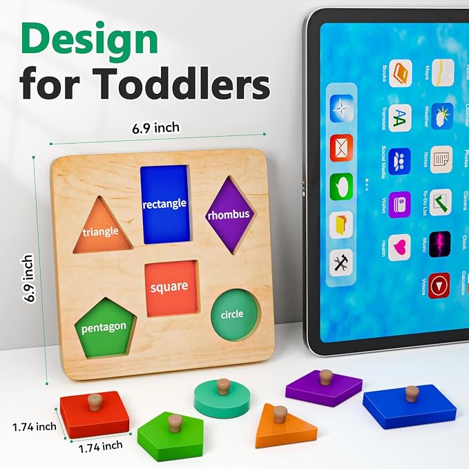 Wooden Shape Peg Puzzles for Toddlers 1 2 Year Old Boys Girls Gifts: Montessori Toys for 1 2 Year Old Toddler Learning Activities - Shape Sorter & Color Match Baby Puzzles 12-18-24 Months