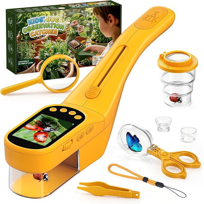 Kids Bug Catcher Microscope STEM Exploration Toy for Ages 3+ | 2.4" IPS screen, 500X Magnification, 8 LED lights, photo and video record, bug catching kit for kids 3‑12 outdoor STEM toy