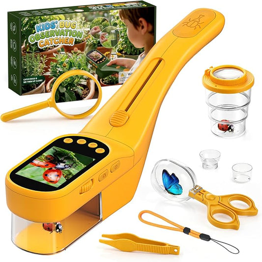 Kids Bug Catcher Microscope STEM Exploration Toy for Ages 3+ | 2.4" IPS screen, 500X Magnification, 8 LED lights, photo and video record, bug catching kit for kids 3‑12 outdoor STEM toy