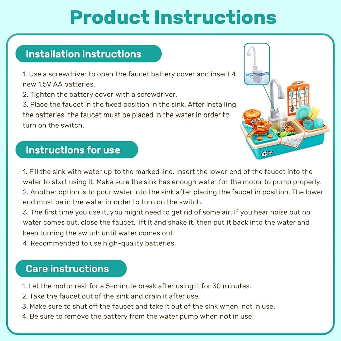 CUTE STONE Play Kitchen Sink Toys with Upgraded Real Faucet | Play Sink with Cooking Stove, Cookware Pot and Pan, Play Food, Color Changing Dishes Accessories for Boys Girls Toddlers