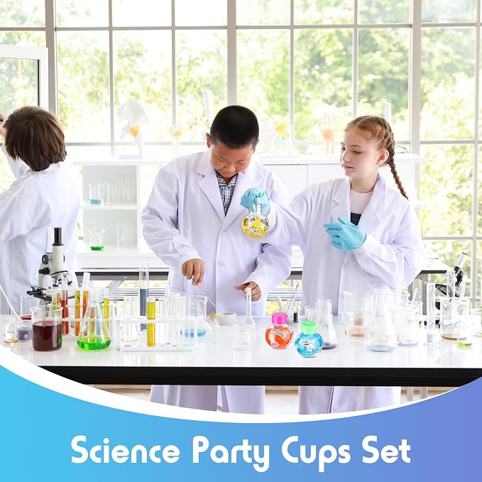 Jingmore 36 Pcs Science Party Theme Cups Set with Silly Loop Straws Science Stickers Plastic Reusable Small Conical Flask Bottles Test Tubes for Birthday Party Decorations(Spherical Bottles)