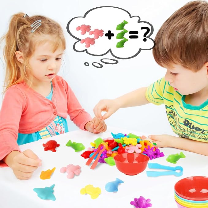 AMOR PRESENT 56 Couting Animals, 6 Sorting Bowls, 2 Tweezers, Storage Tube | Ocean Animals, Color Sorting Toys, Matching Game, Montessori Learning, for Toddlers, Fine Motor Skills
